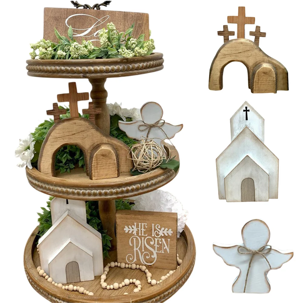 Rosewood Ornaments Jesus Tomb Three-tier Tray Design Easter Ornaments 