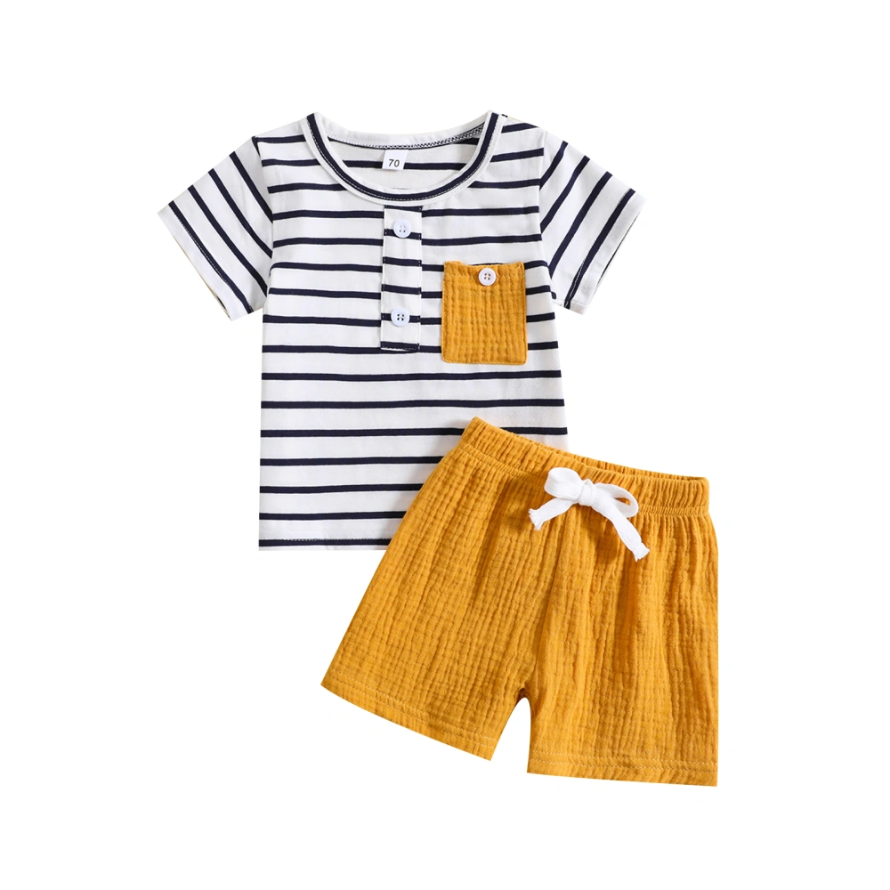 Toddler Boys Short Sleeve Striped Tops + Solid Color Drawstring Shorts