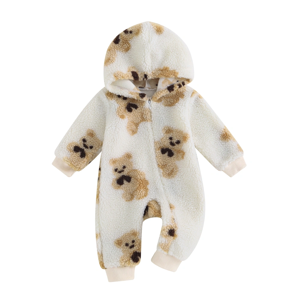 Baby Girls Long Sleeve Cartoon Bear Print Zipper Hooded Jumpsuit