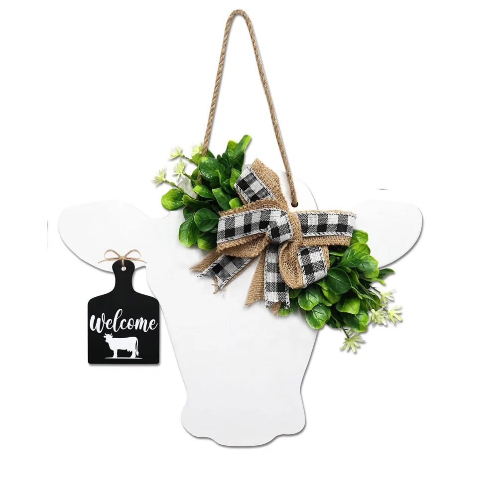 Artificial Wreath, Farmhouse Bull Head Plaid Bow Door Wreath