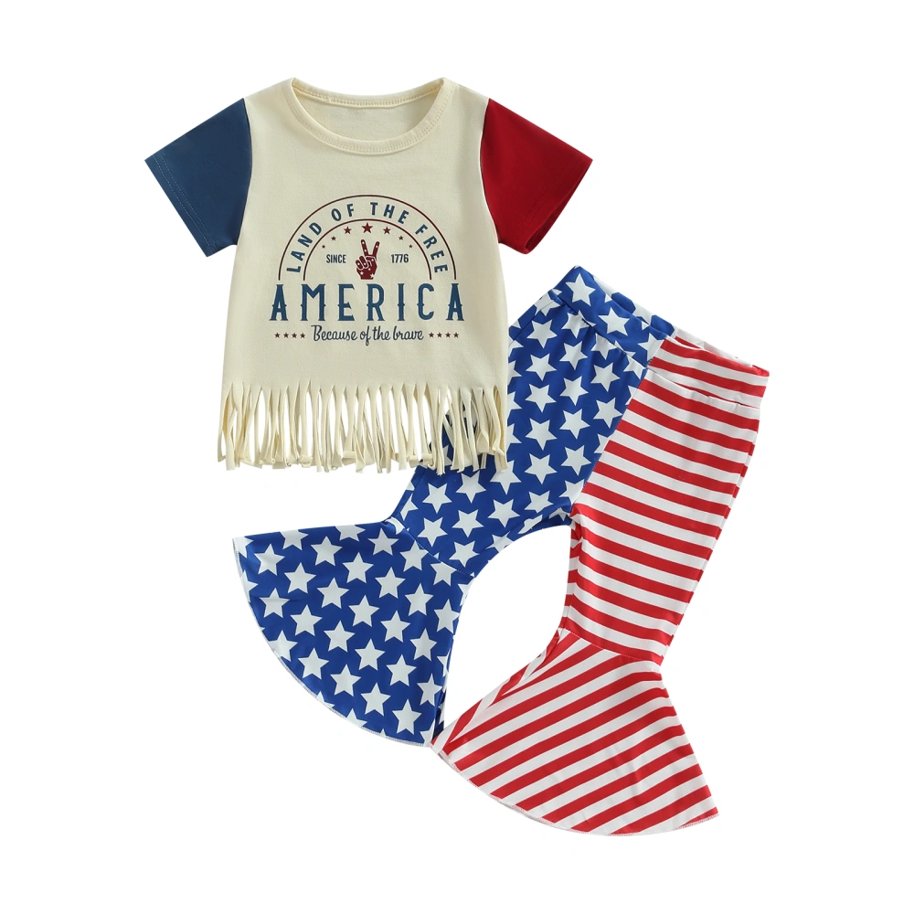 Girls 4th of July Outfits, Short Sleeve Tassel Tops + Flare Pants Set