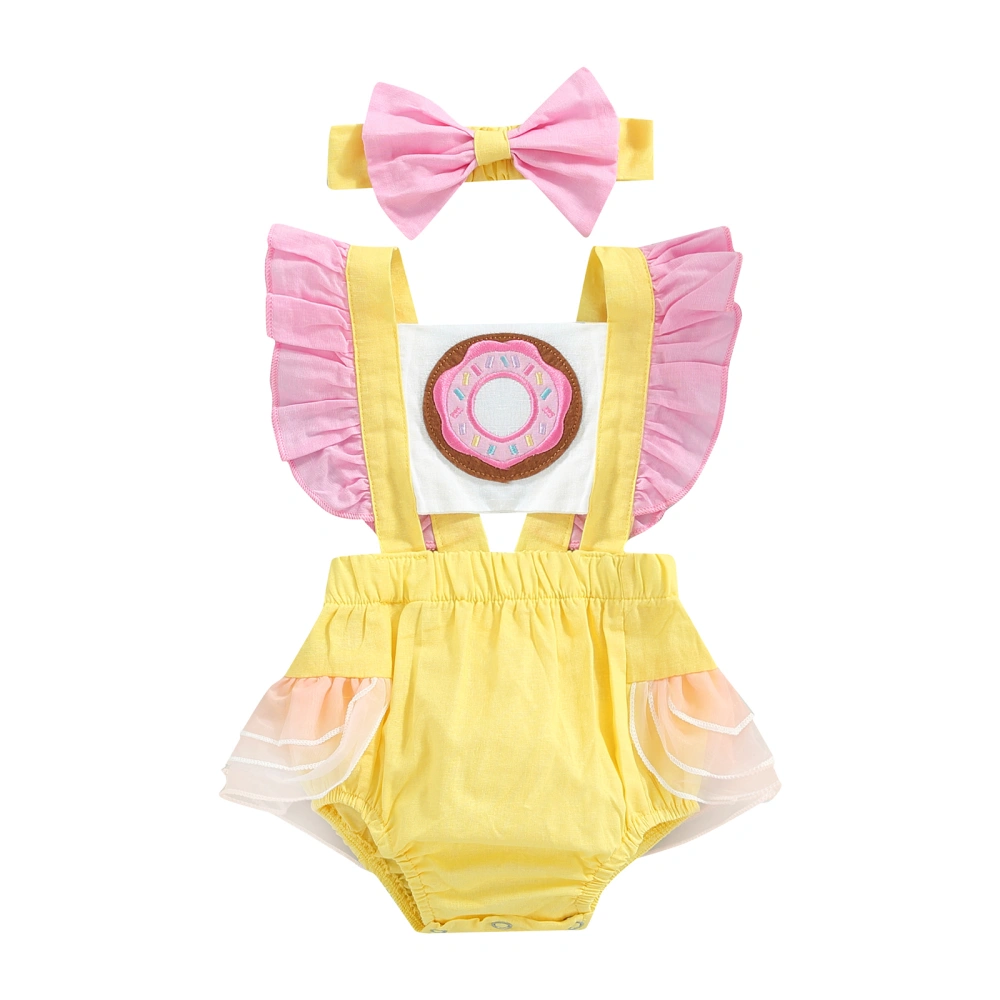 Baby Girl Ruffled Sleeve Donut Graphic Print Romper + Bow Headband