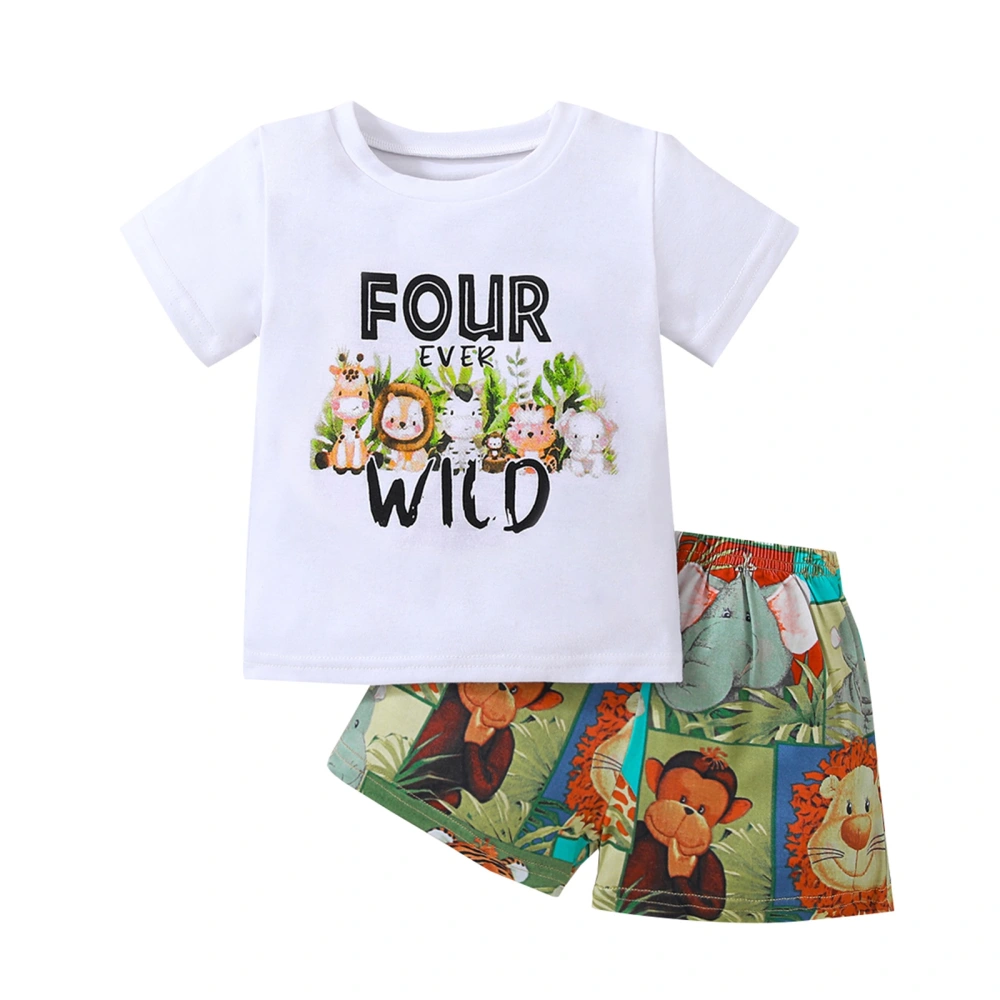 Boys White Short Sleeve Letter Print Tops + Animal Print Shorts