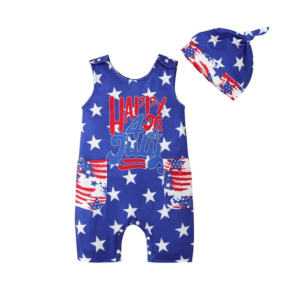 Baby Boys Summer Blue Sleeveless O Neck Star Print Romper with Hat