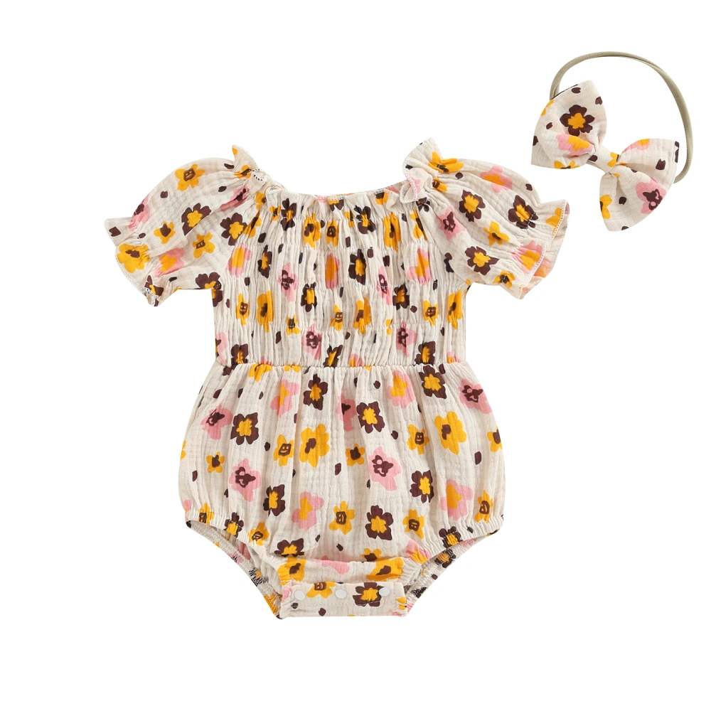 Newborn Girl Outfit, Flower Print Bodysuit with Bowknot Headband