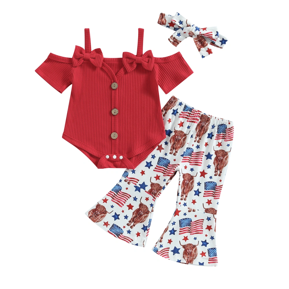 Independence Day Baby Outfit Cold Shoulder Romper and Pants Headband