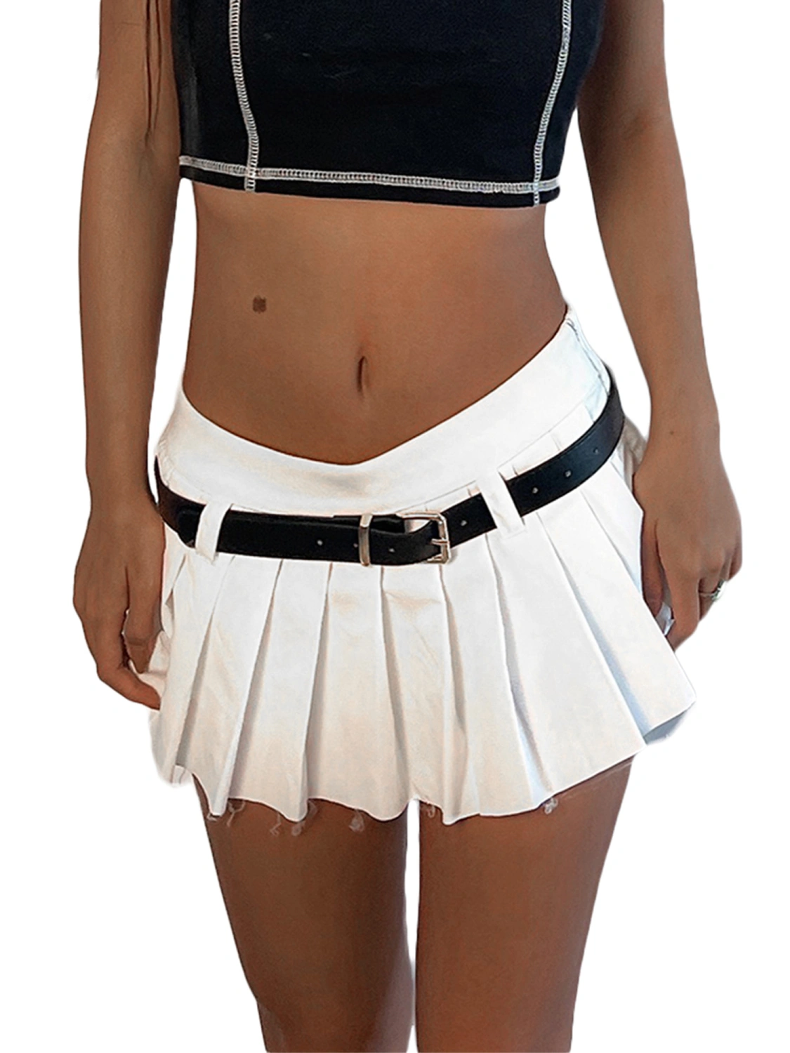 Women Mini Pleated Skirt, Low Waist Solid Color Skirt with Belt