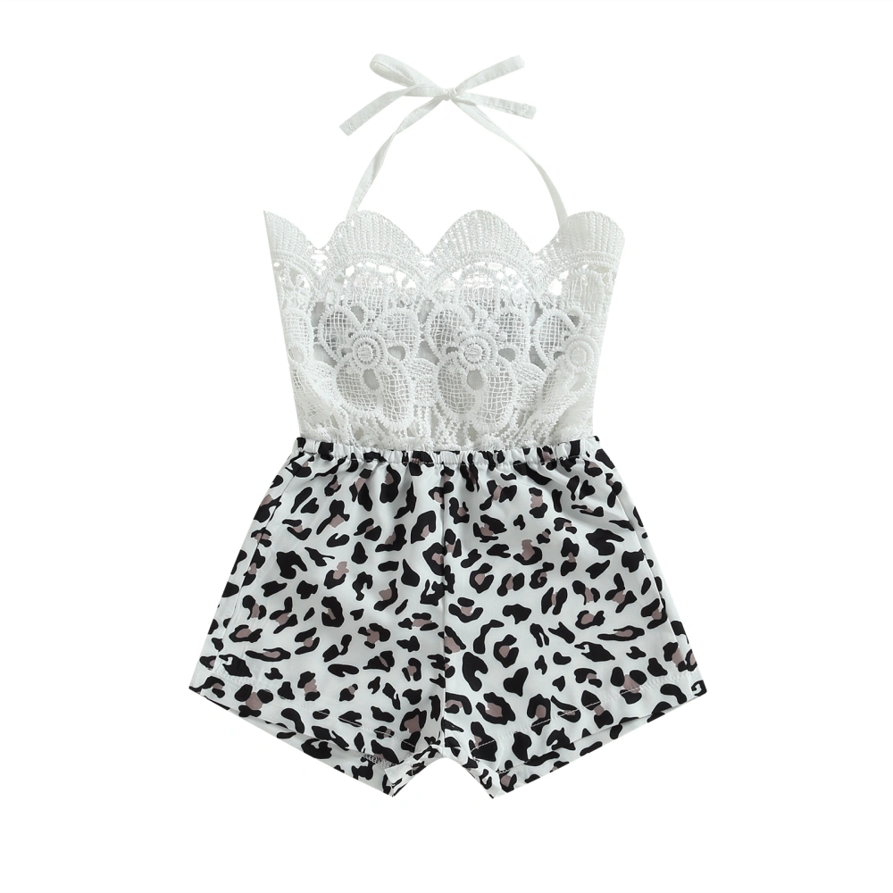 Baby Girls Short Jumpsuit, Halterneck Leopard Print Patchwork Bodysuit