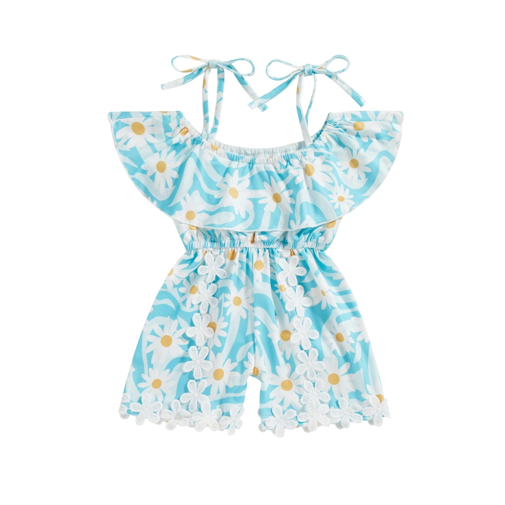 Toddler Girls Summer Blue Sleeveless Ruffle Collar Floral Jumpsuit