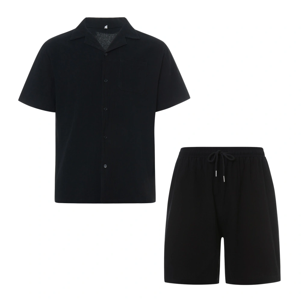 Men’ s Solid Color Turn-Down Collar Short Sleeve Shirt+ Short Pants