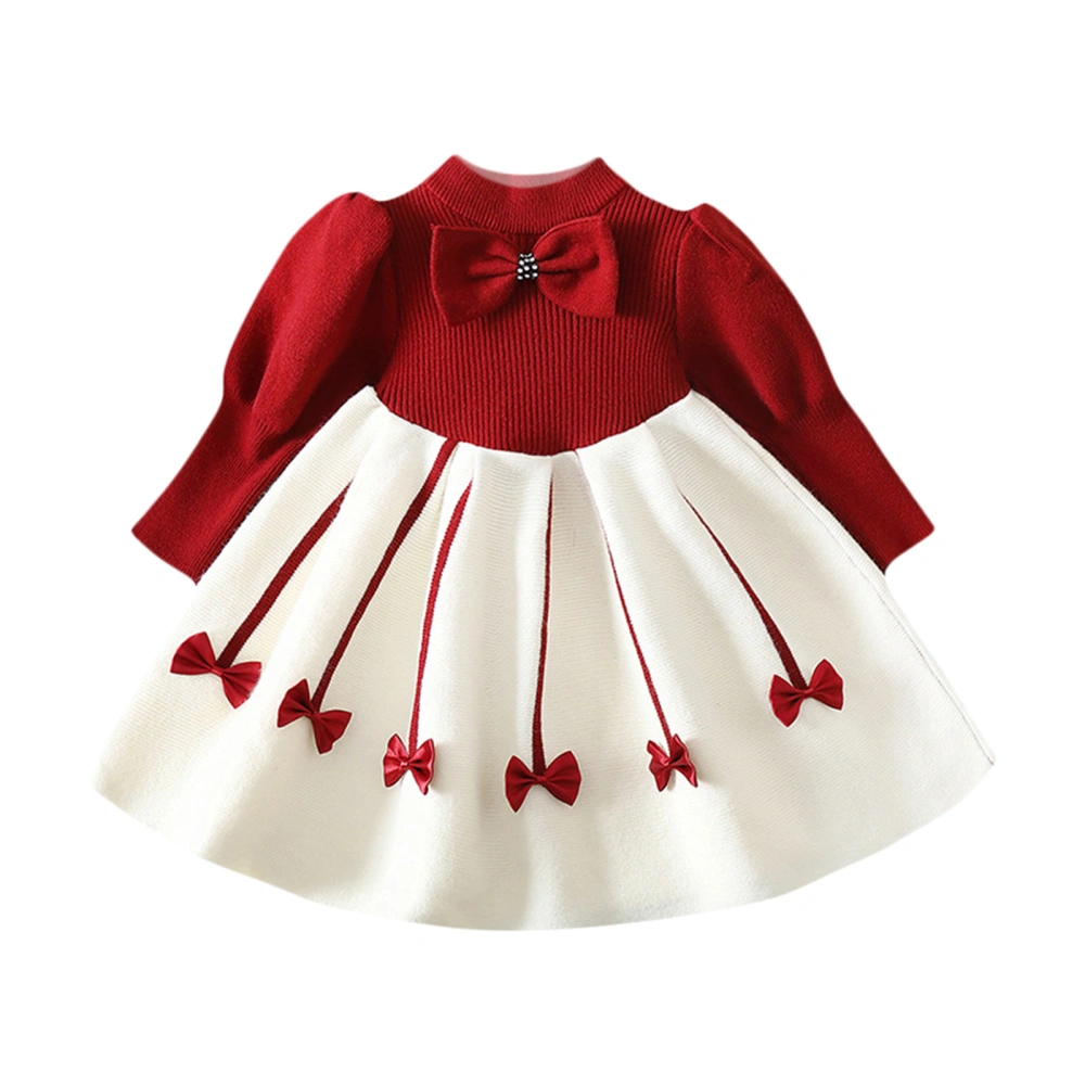 Girl Long Sleeve O-Neck Bowknot Decoration A-Line Dress for Autumn