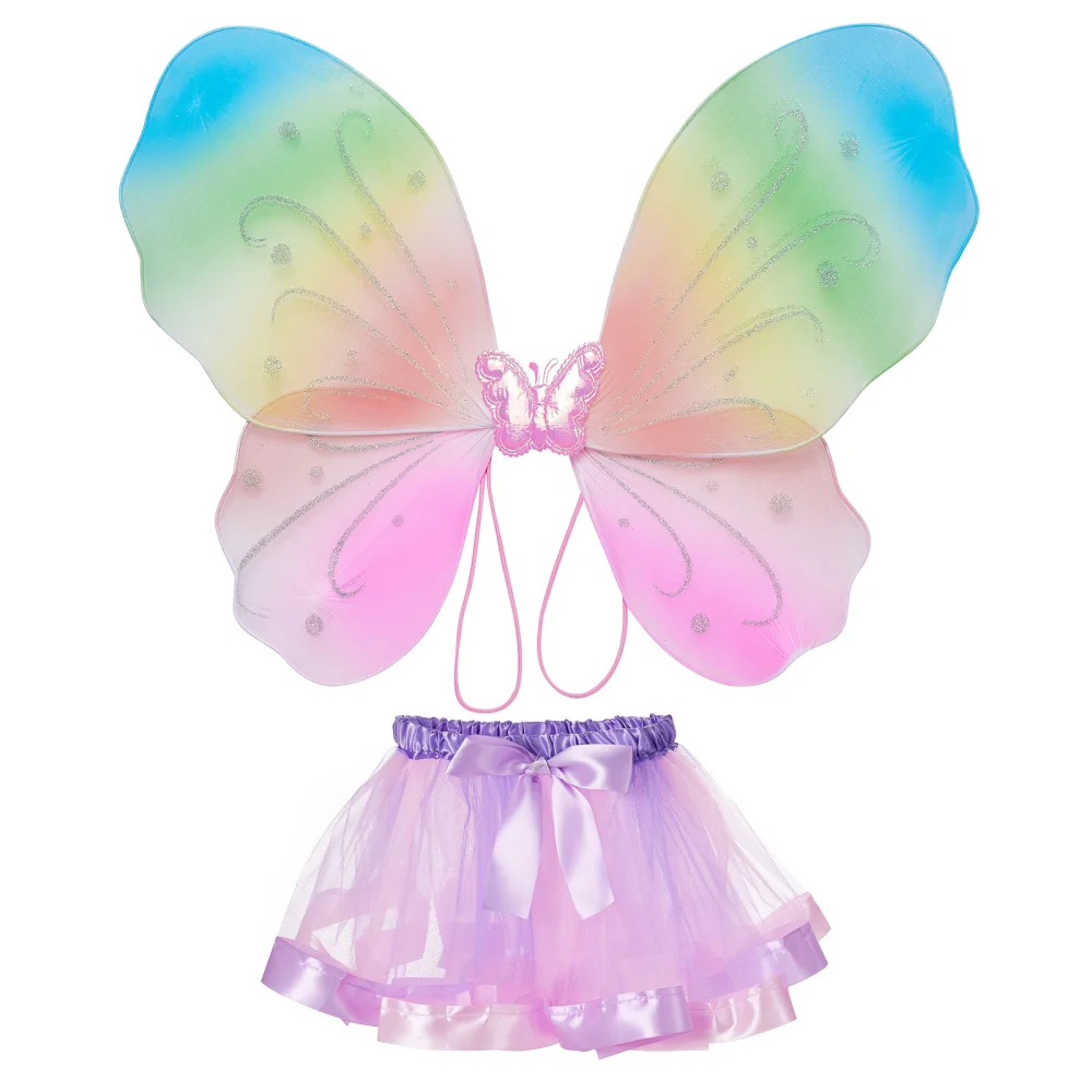 2Pcs Halloween Tutu Costume with Rainbow Butterfly Wing Tutu Skirt