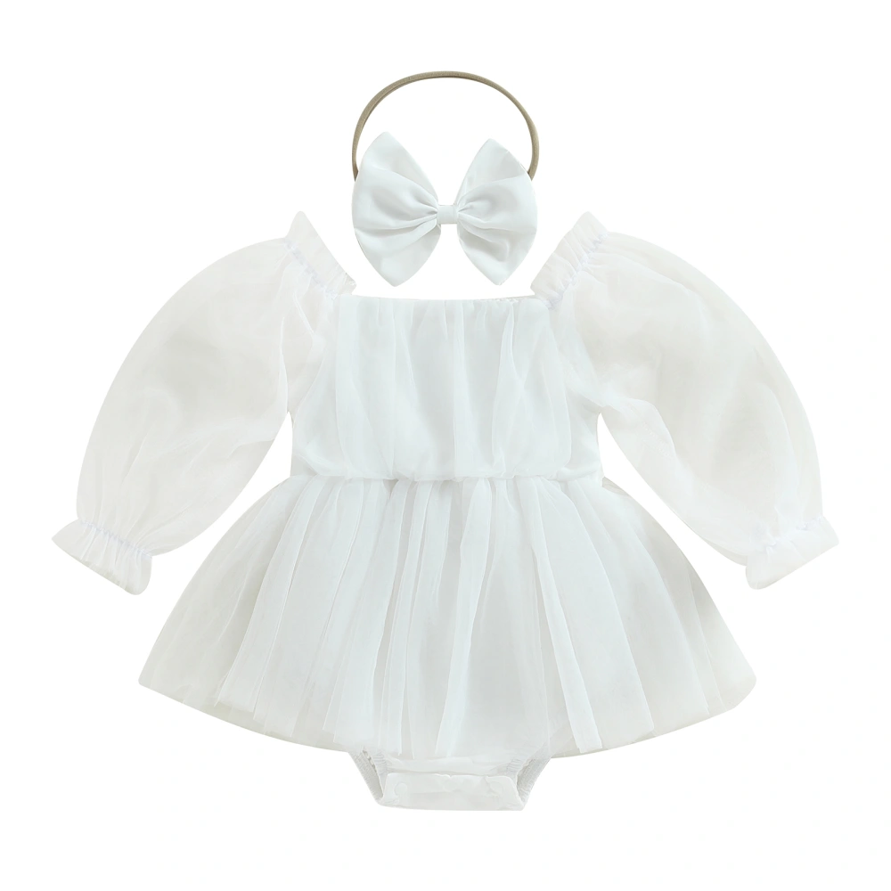 Baby Girls Long Mesh Sleeve Tulle Patchwork Romper Dress with Headband