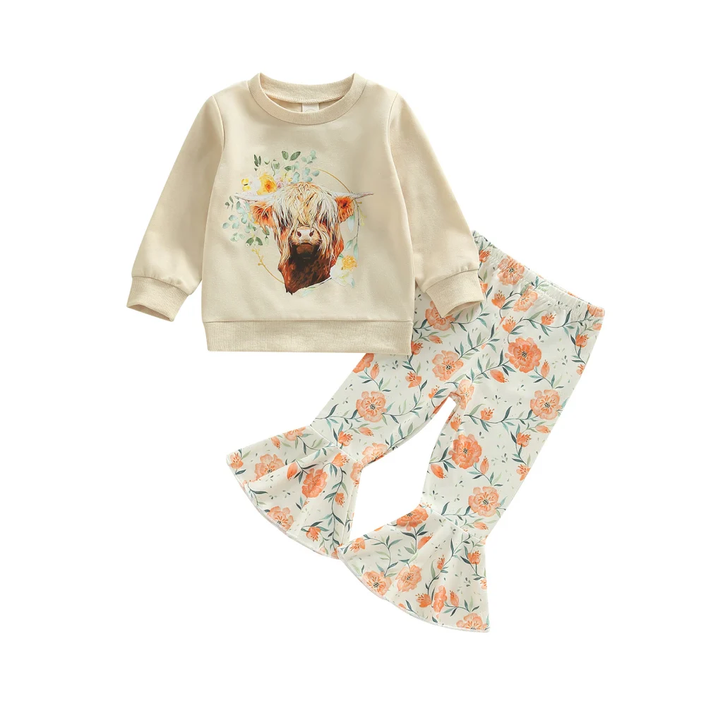 Girl 2Pcs Fall Outfits, Cow Print Pullover Tops and Flare Pants Set