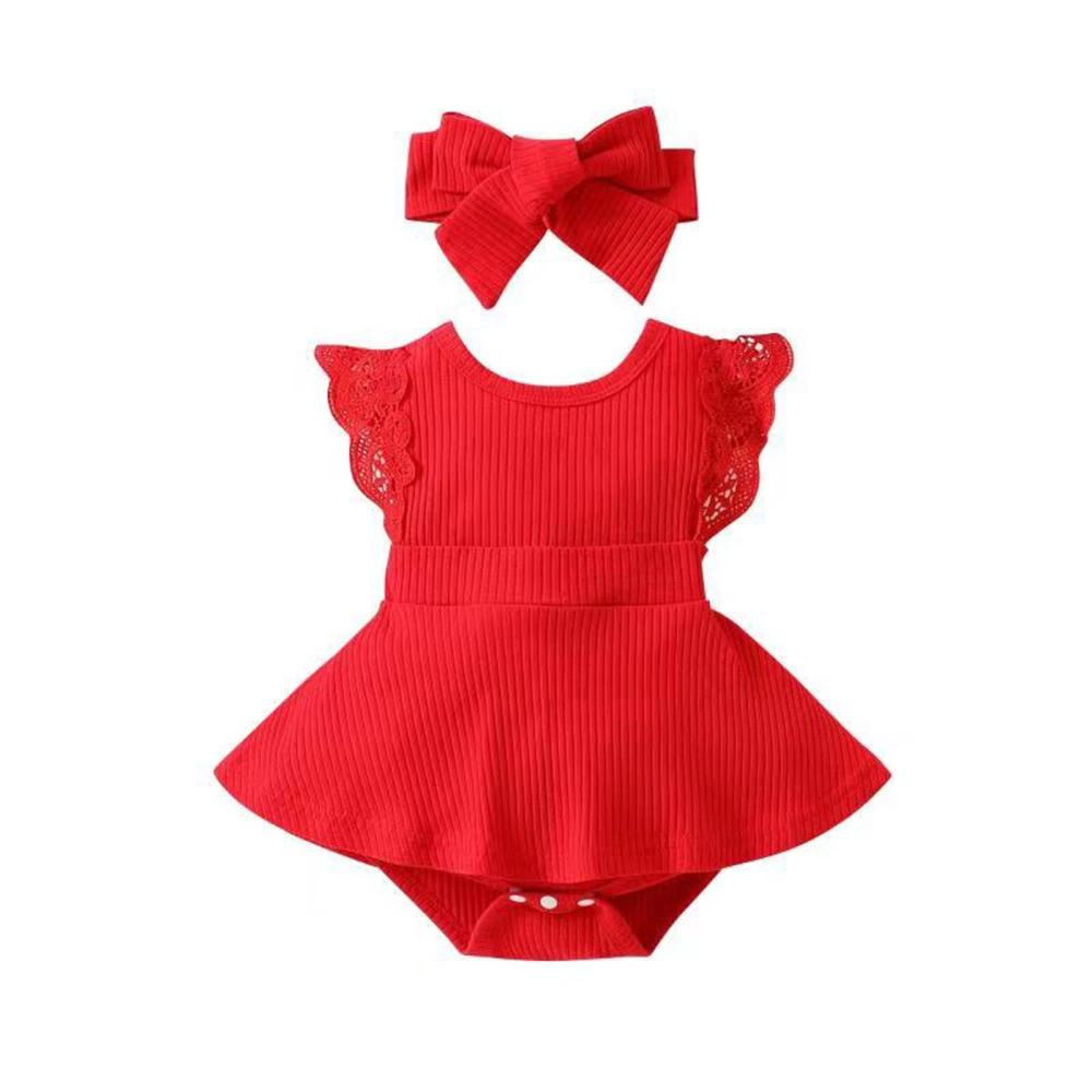 Baby Girl Jumpsuit Rib Lace Fly Sleeve Romper + Bow Headband