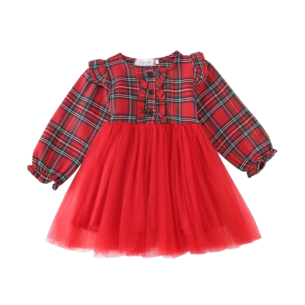 Toddler Girls Spring Long Sleeve O Neck A-line Plaid Tulle Dress