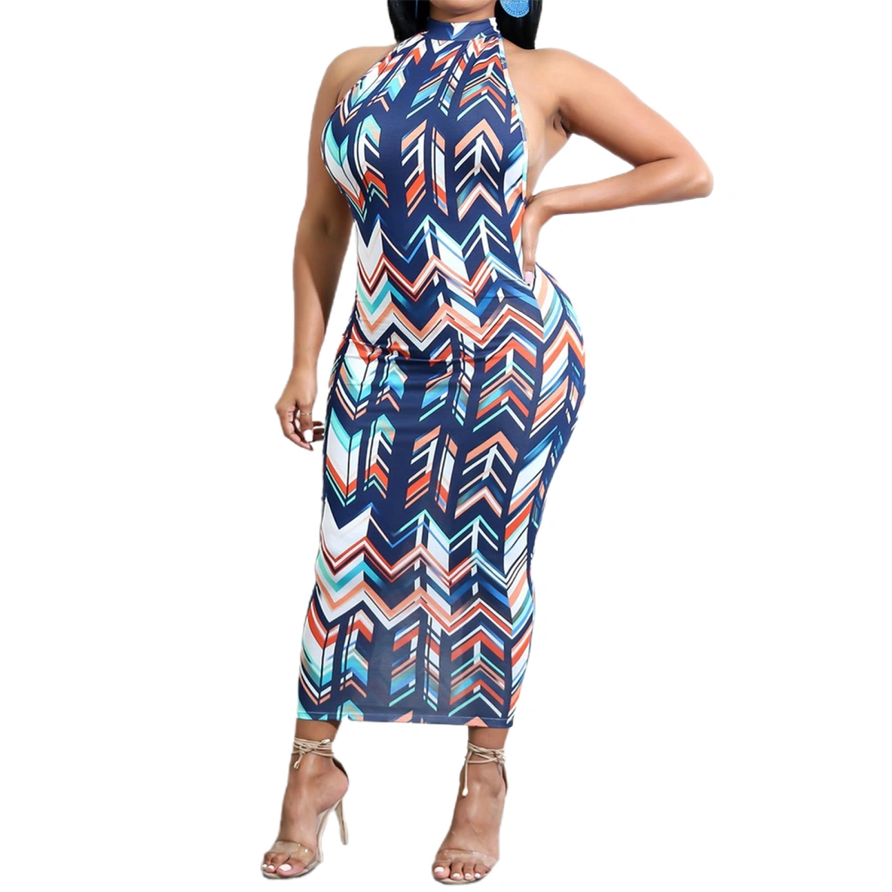 Women Backless Oversize Dress, Navy Printing Halter Neck One-piece