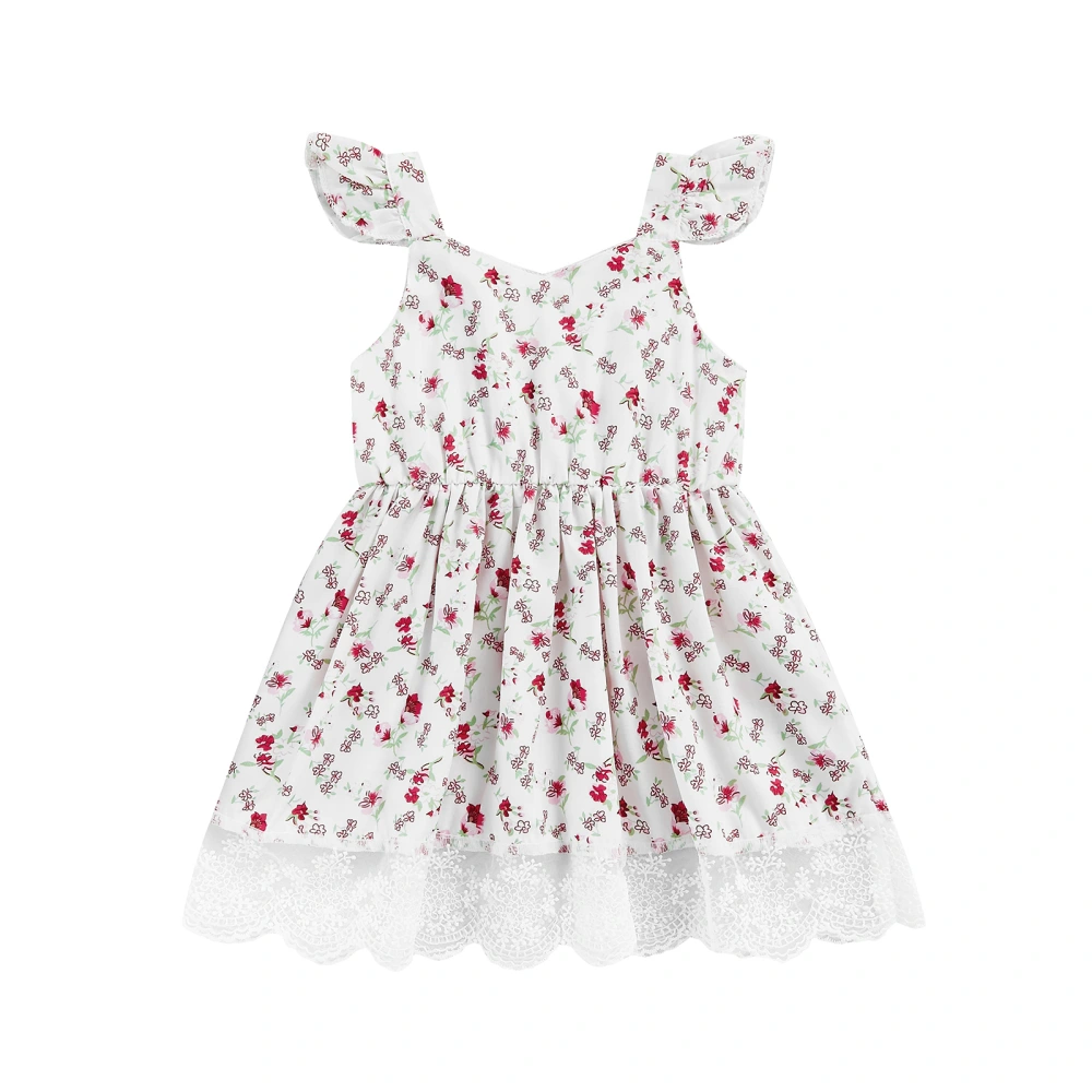 Baby Girl's Dress, Sleeveless Floral Printed Lace Hem Sling Dress