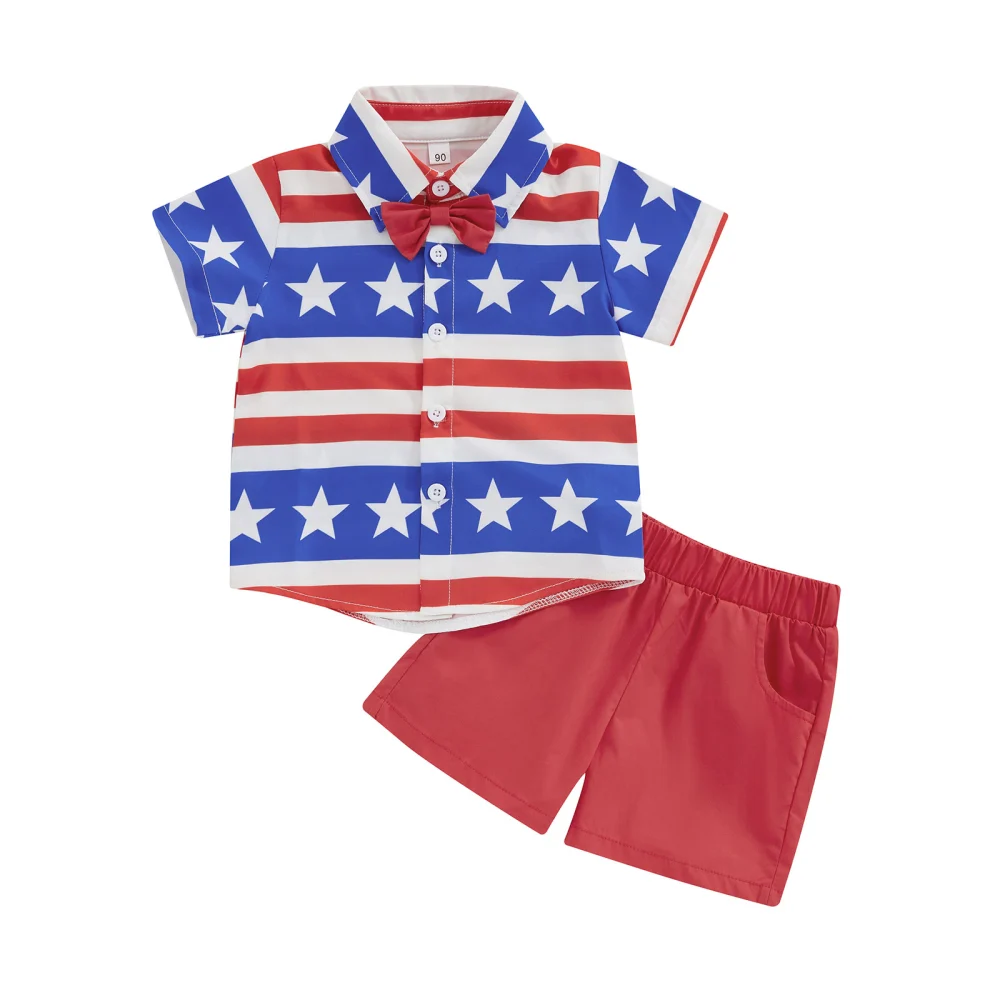 Kids Boys Shorts Set, Short Sleeve Stars Stripes Print Shirt + Shorts