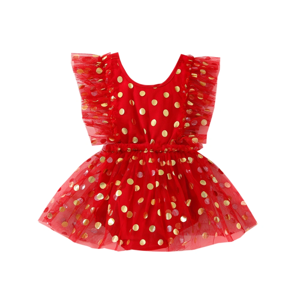 Baby Girl Romper Dress, Fly Sleeve Round Neck Dot Print Dress