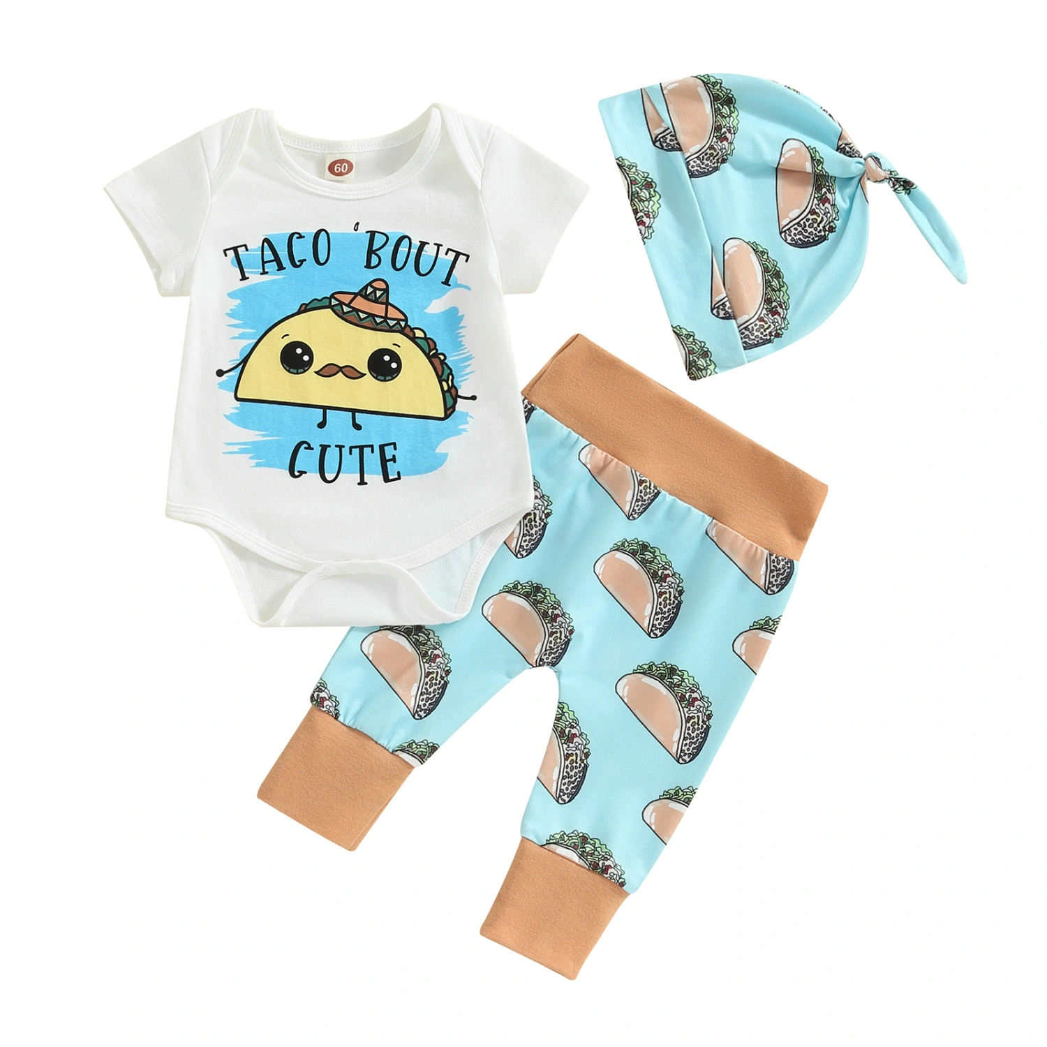 Baby Boys Pants Set, Letters Print Romper + Taco Print Pants + Hat