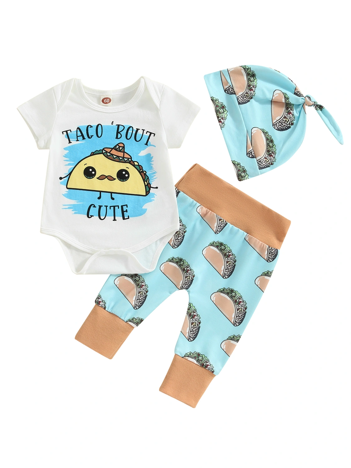 Baby Boys Pants Set, Letters Print Romper + Taco Print Pants + Hat