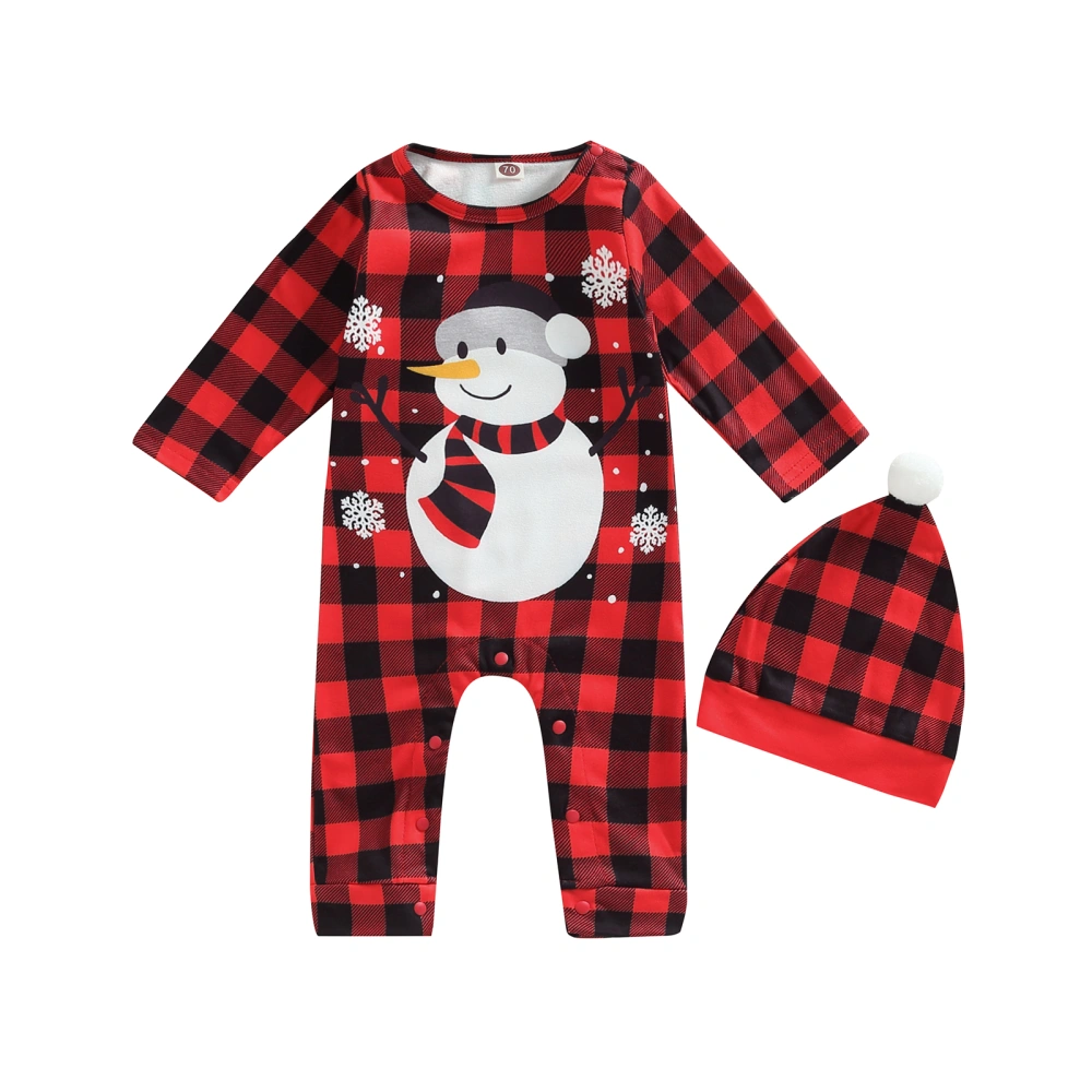 Toddler Baby Plaid Rompers Snowman Print Long Sleeve Jumpsuit and Hat