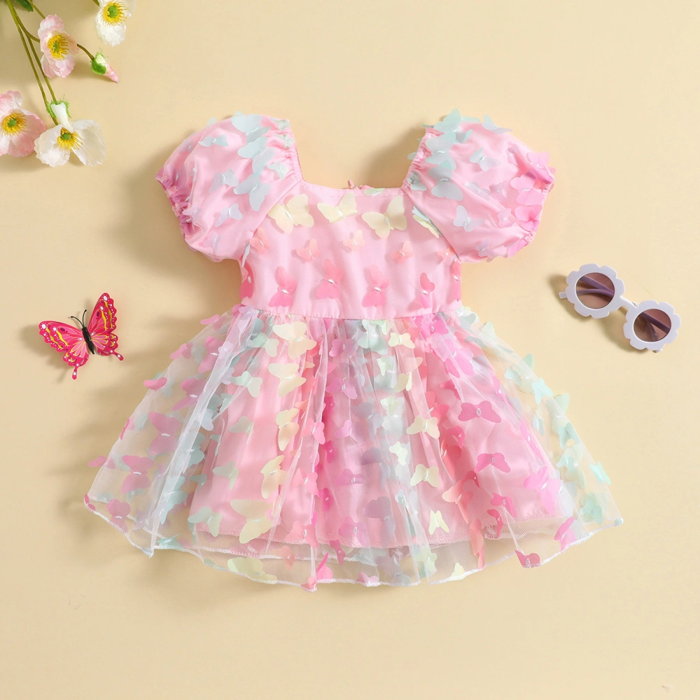 Kids Toddler Girl Princess Dress, Short Puff Sleeve 3D Butterfly Tulle A-line Dress