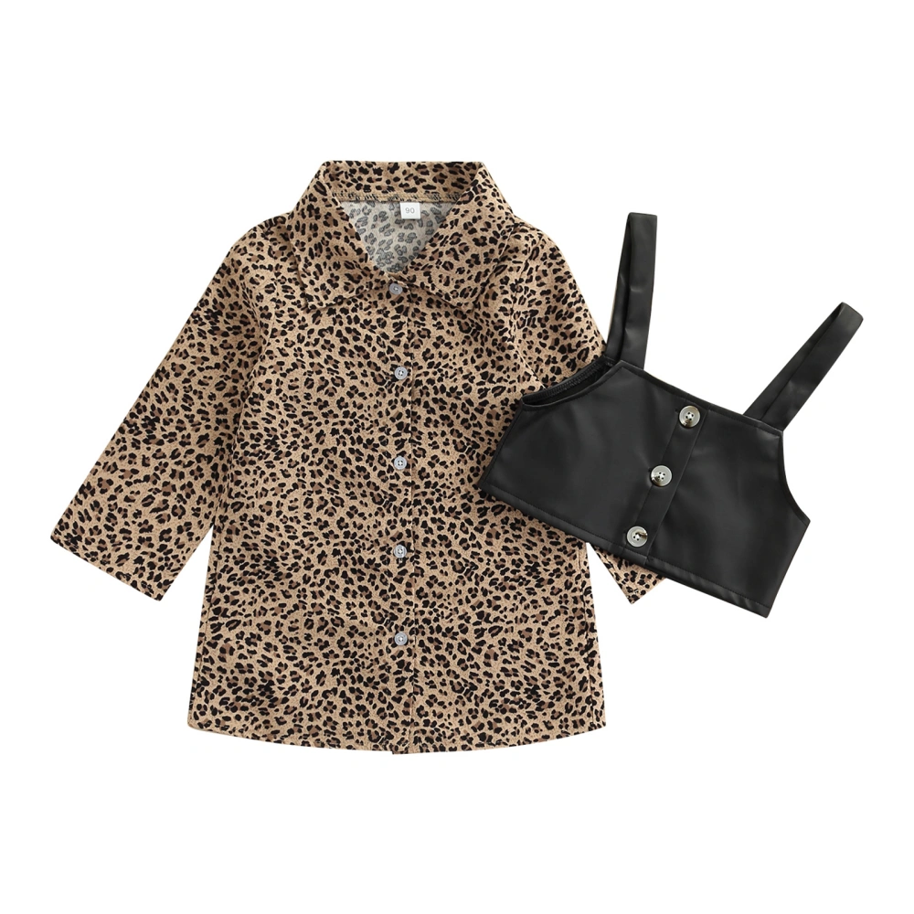 Toddler Girls Dress Leopard Print Long Sleeve Turn-Down Collar Dress