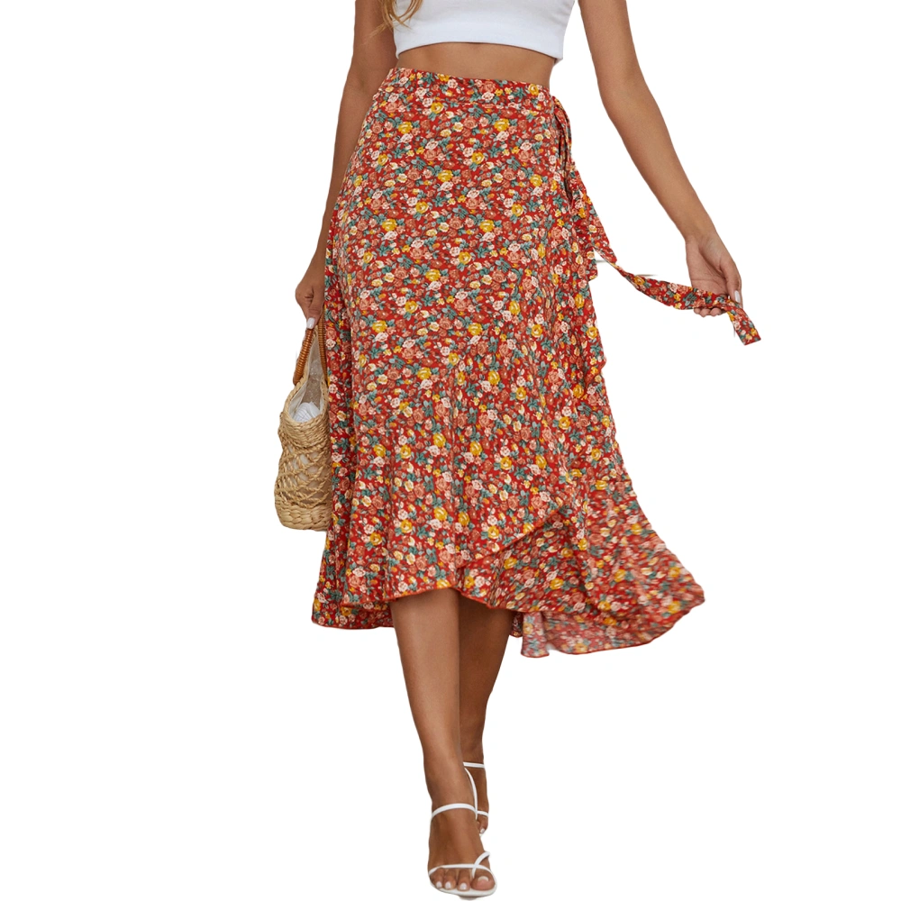 Women Midi Skirt Tie-up Split Floral Print Ruffle Irregular Hem Skirts