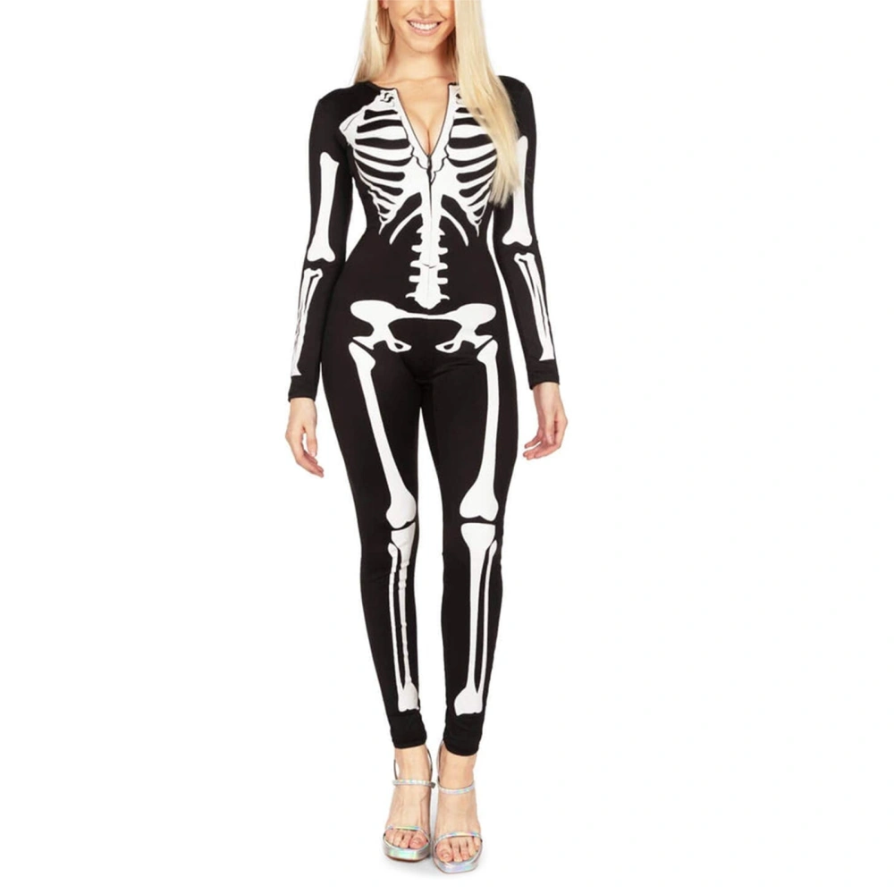 Women Halloween Long Sleeve Crewneck Skull Cosplay Role Play Jumpsuit