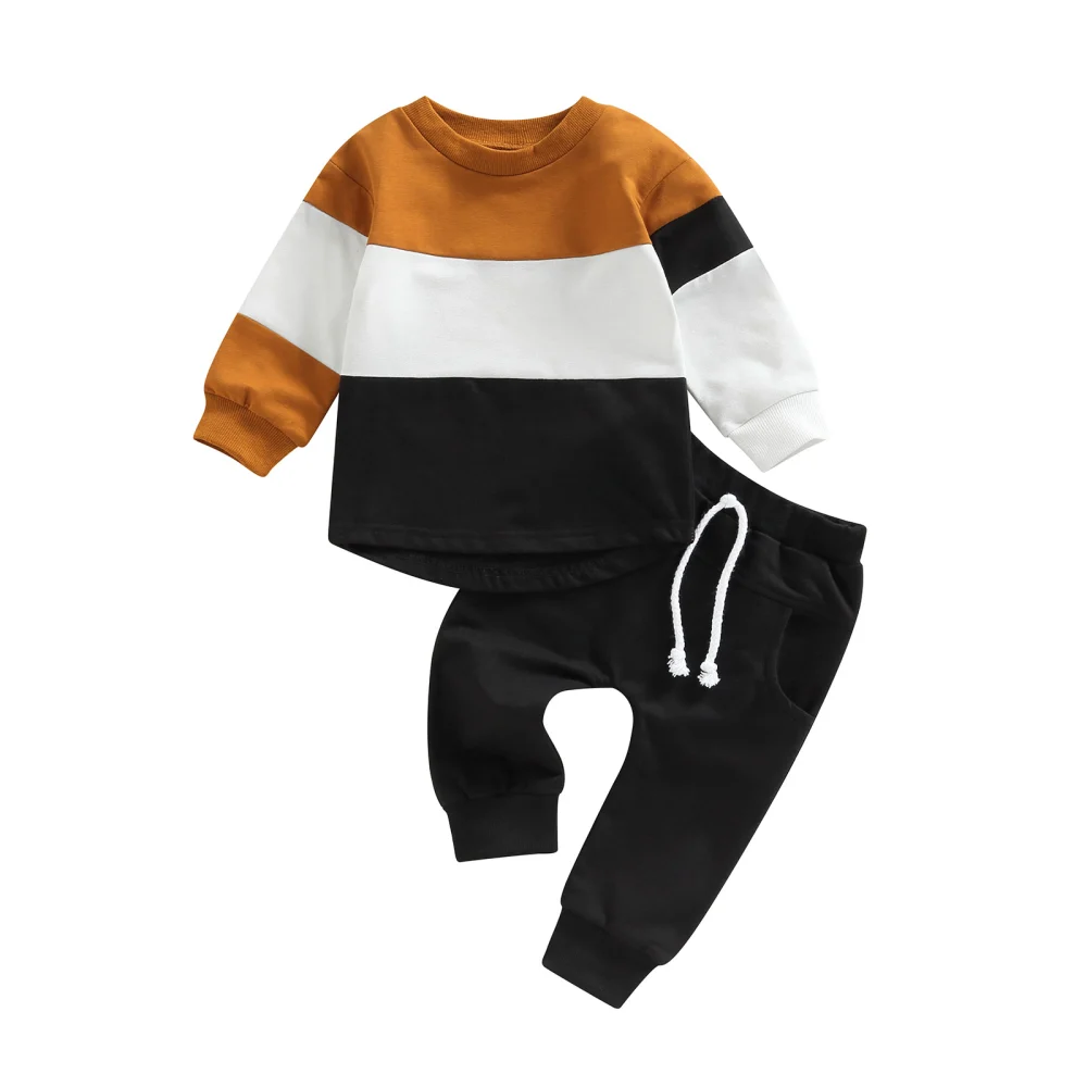 Boys 2 Pieces Outfits, Contrast Color Round Neck Tops + Pants Set