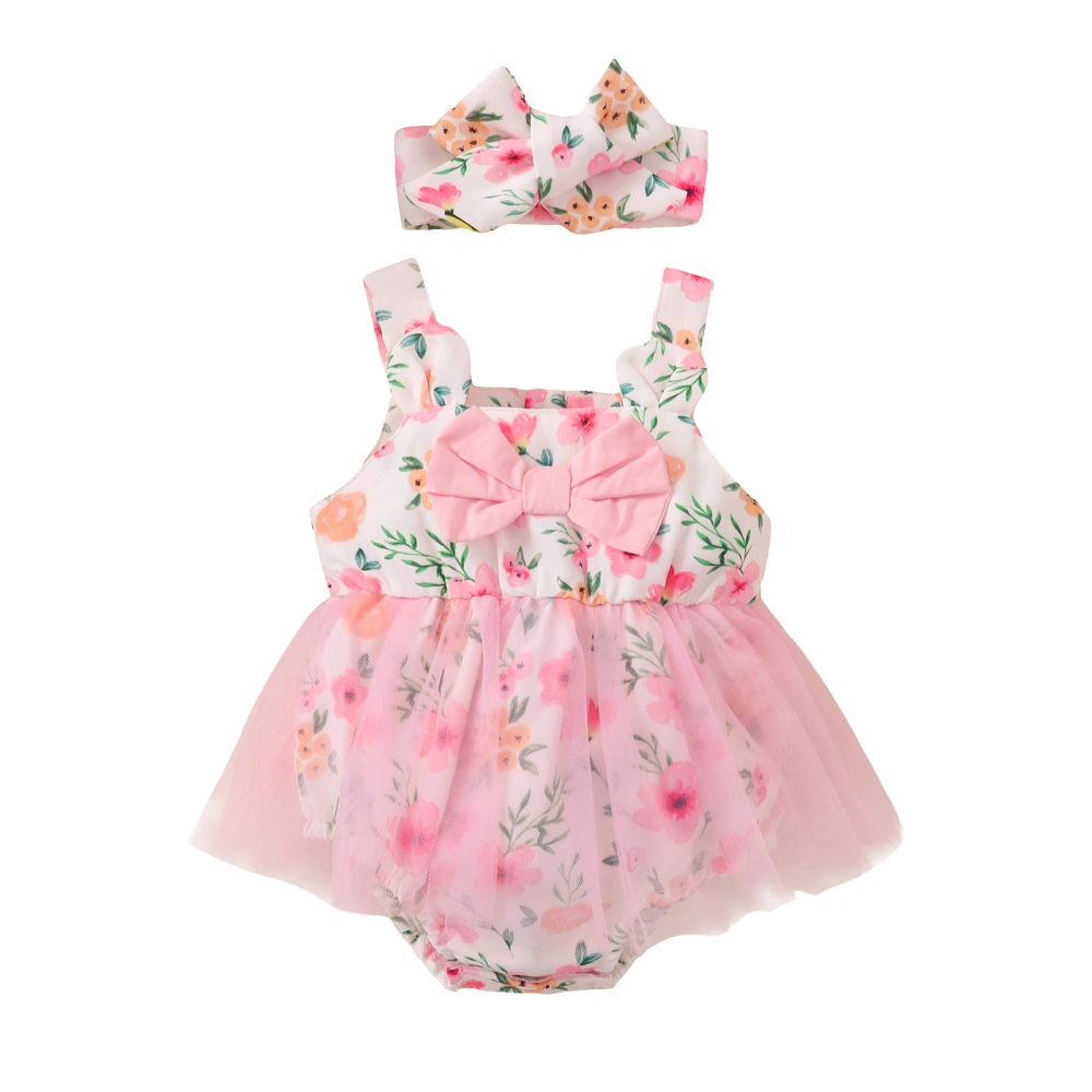 Baby Girls Romper Dress Set Floral Sleeveless Mesh Jumpsuits Headband