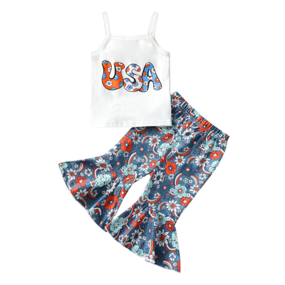 Toddler Girls White Sleeveless Letter Print Tops + Floral Flared Pants