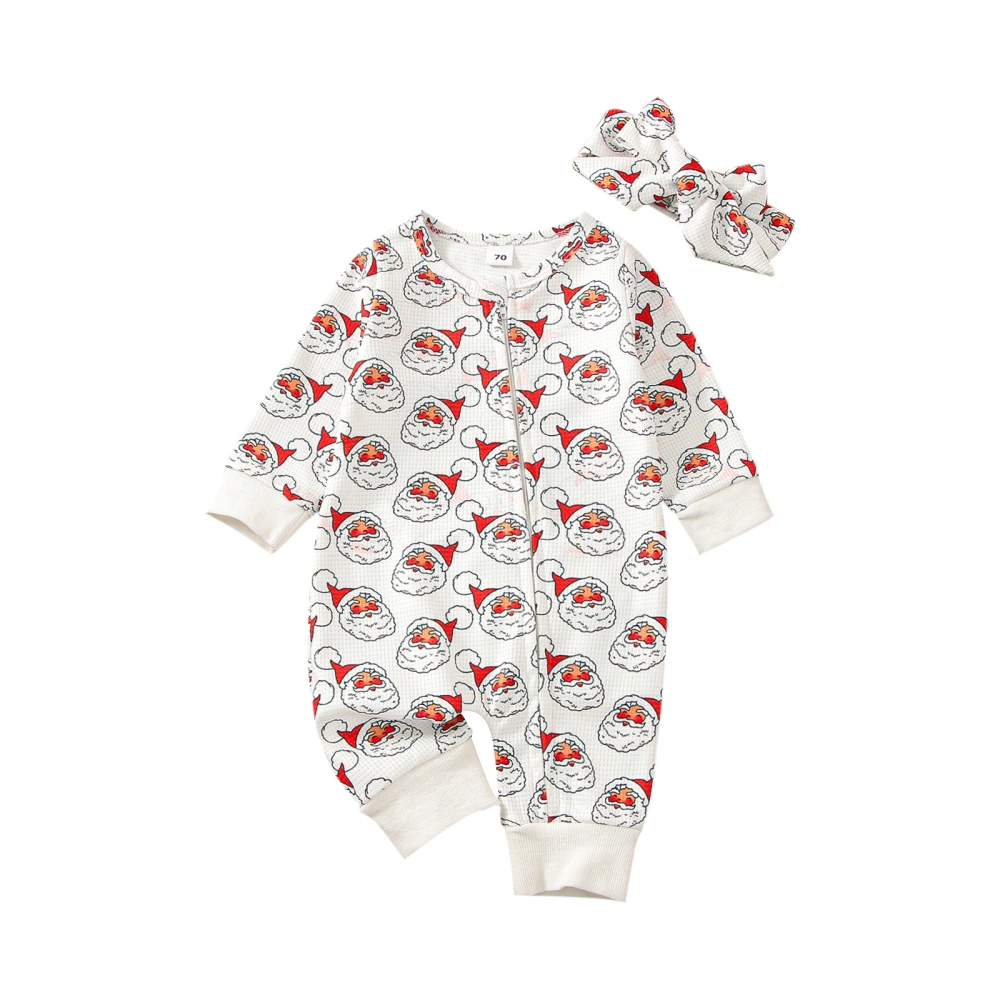 Infant Santa Claus Print Long Sleeve Zipper Jumpsuit + Bow Headband