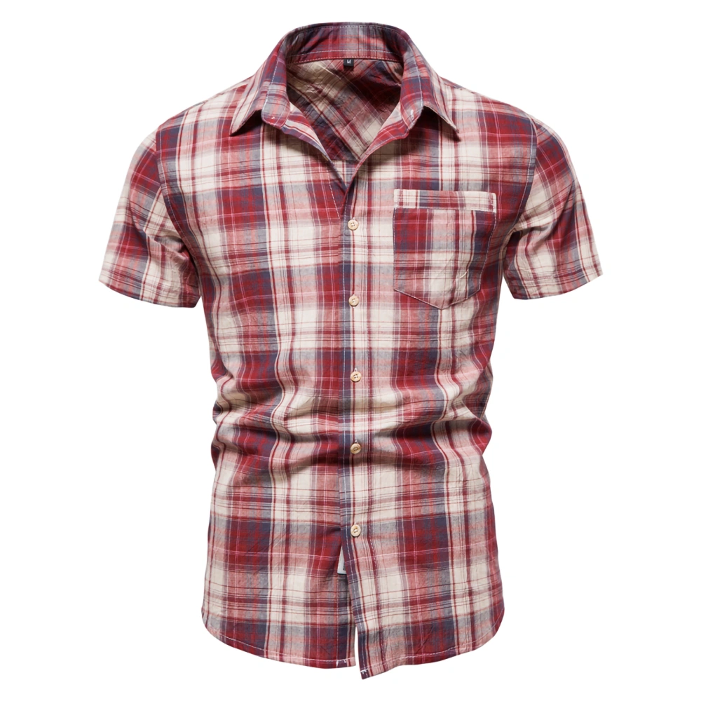 Men’ s Tops, Plaid Turn-Down Collar Short Sleeve Button Down Shirt