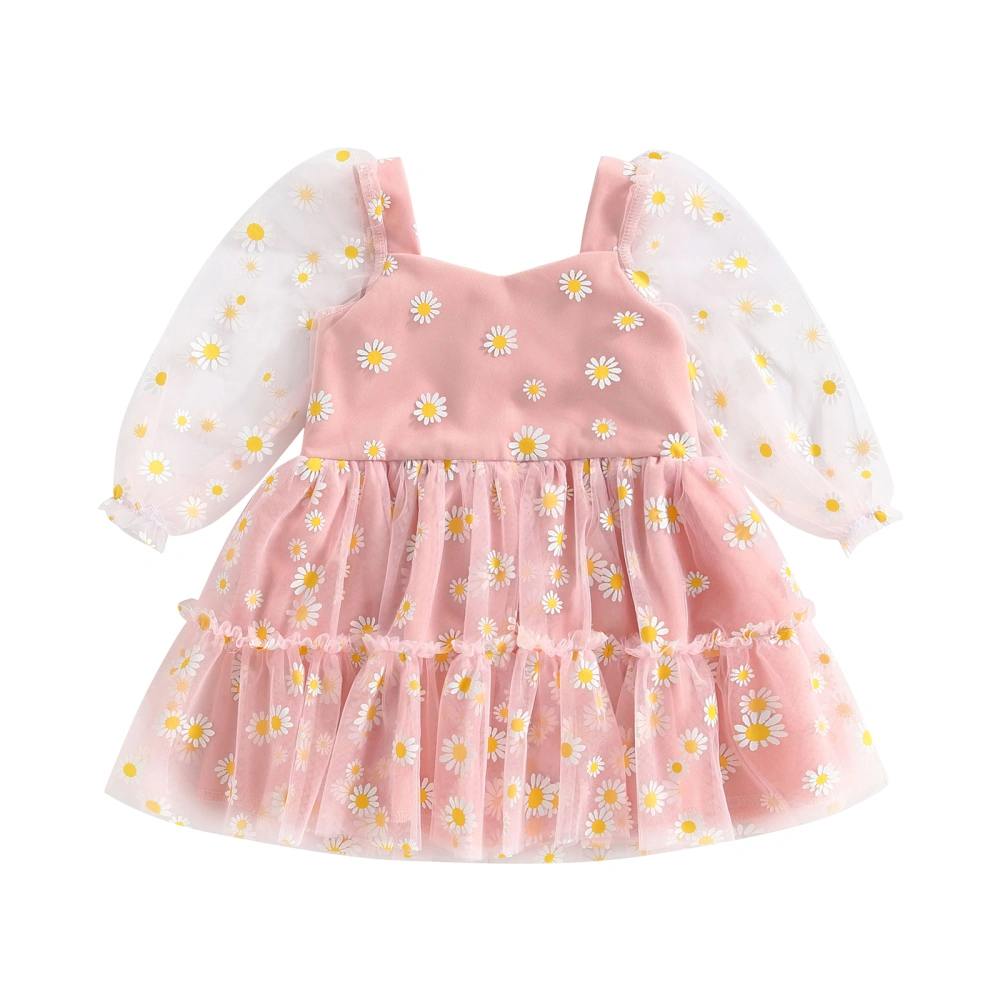 Baby Girl A-Line Dress Daisy Print Long Sleeves Mesh Tulle Party Dress