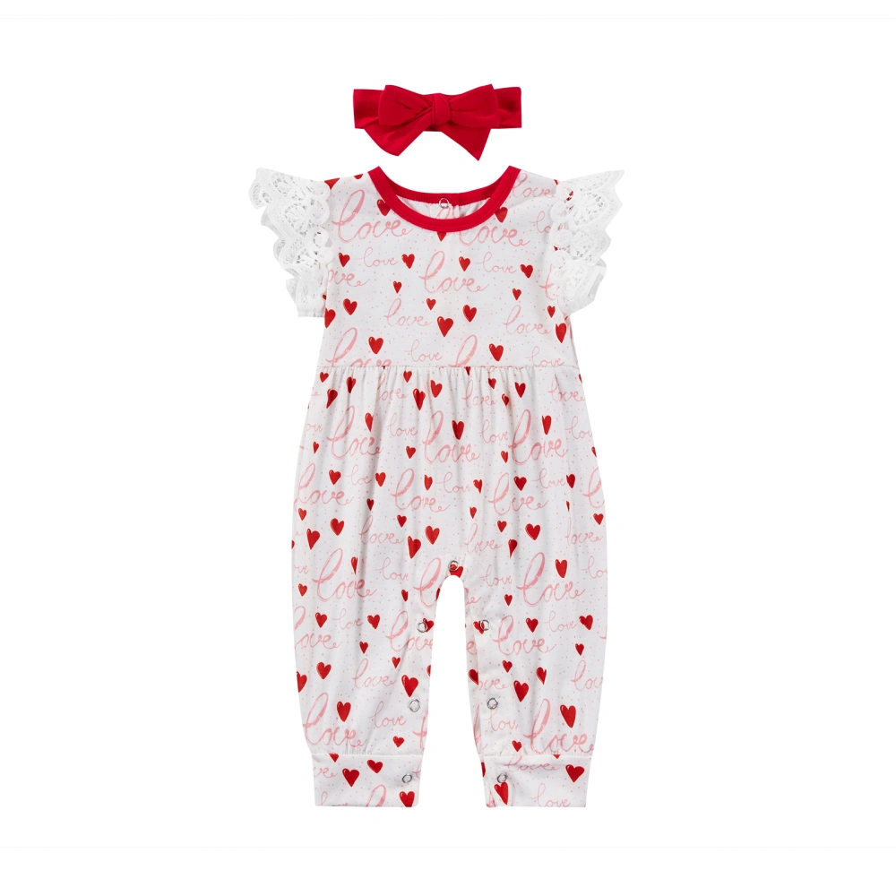 Infant Girls Summer Romper, Fly Sleeve Heart Printed Bodysuit+Headband