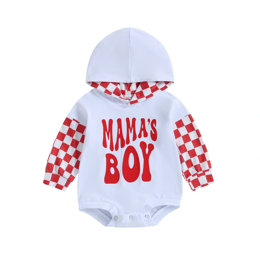 Baby Boys Long Sleeve Letter Print Plaid Patchwork Hooded Romper