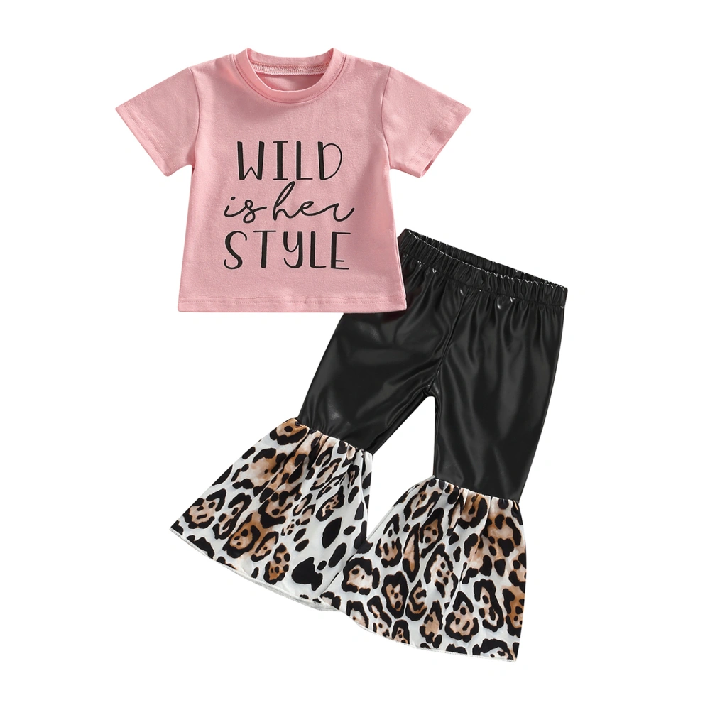 Kid Girls Short Sleeve Round Neck Tops Summer Leopard Ruffle Pants 