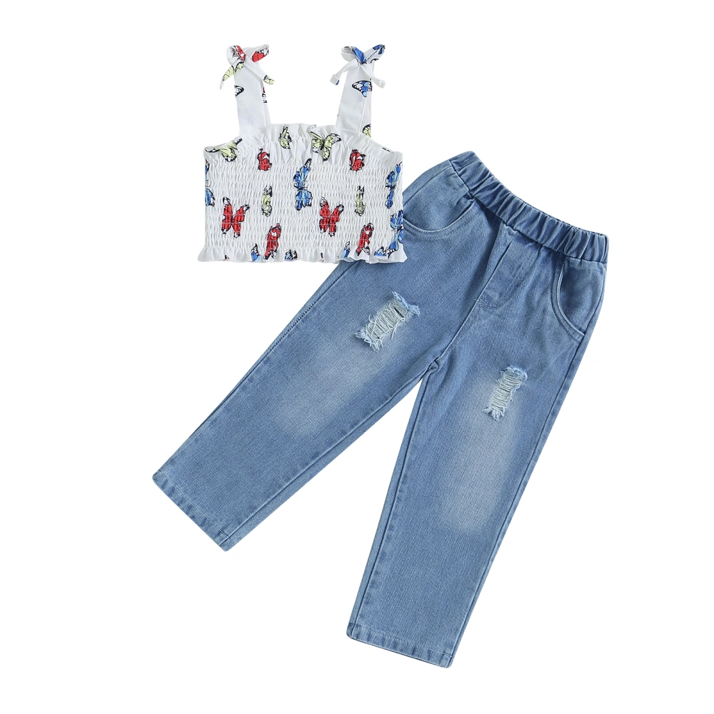 Girls Pants Set, Sleeveless Butterfly Print Camisole with Ripped Jeans