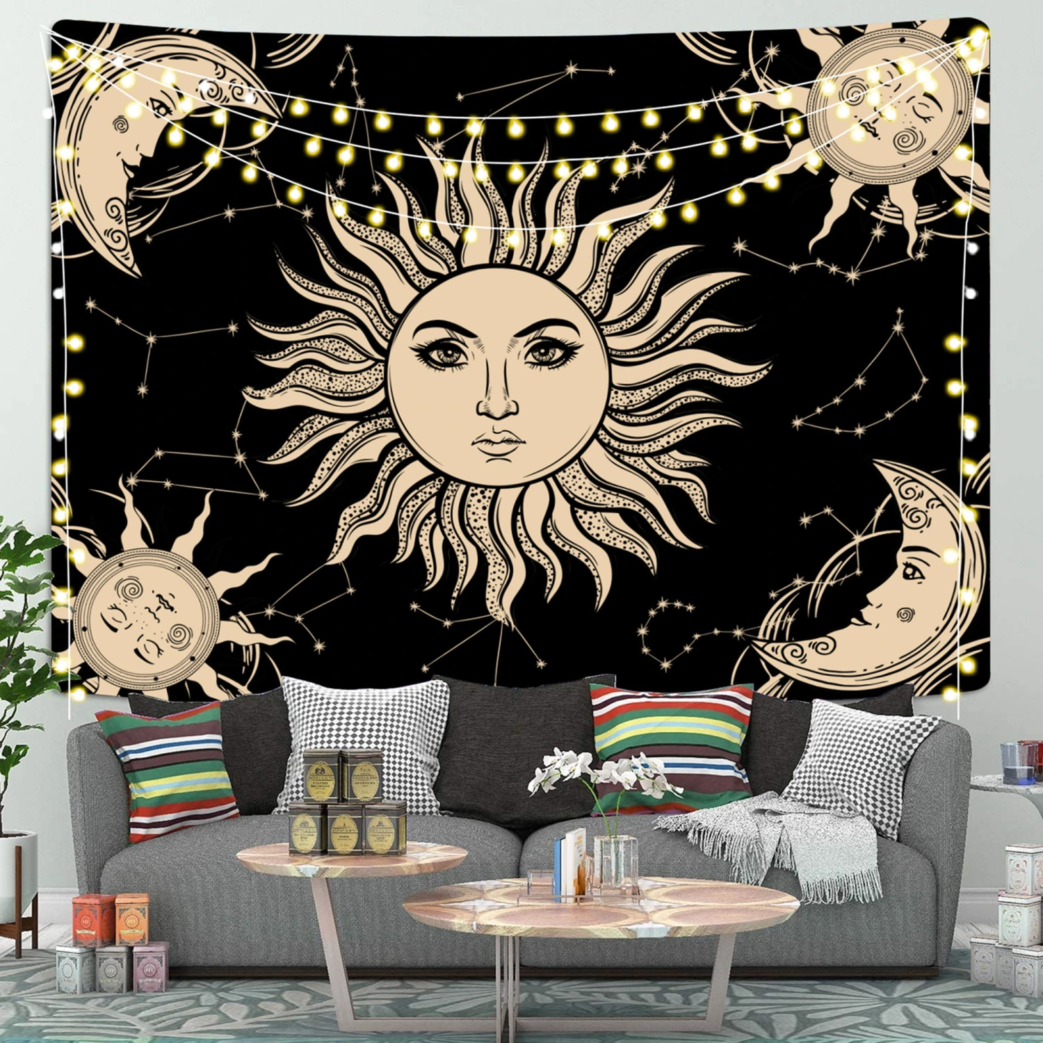 Indoor Wall Tapestry, Sun Moon Rectangle Pendant Hanging Ornament