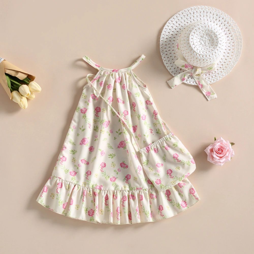 Kids Girl’s Slip Dress Set, Flower Print Ruffled Dress + Hat + Bag