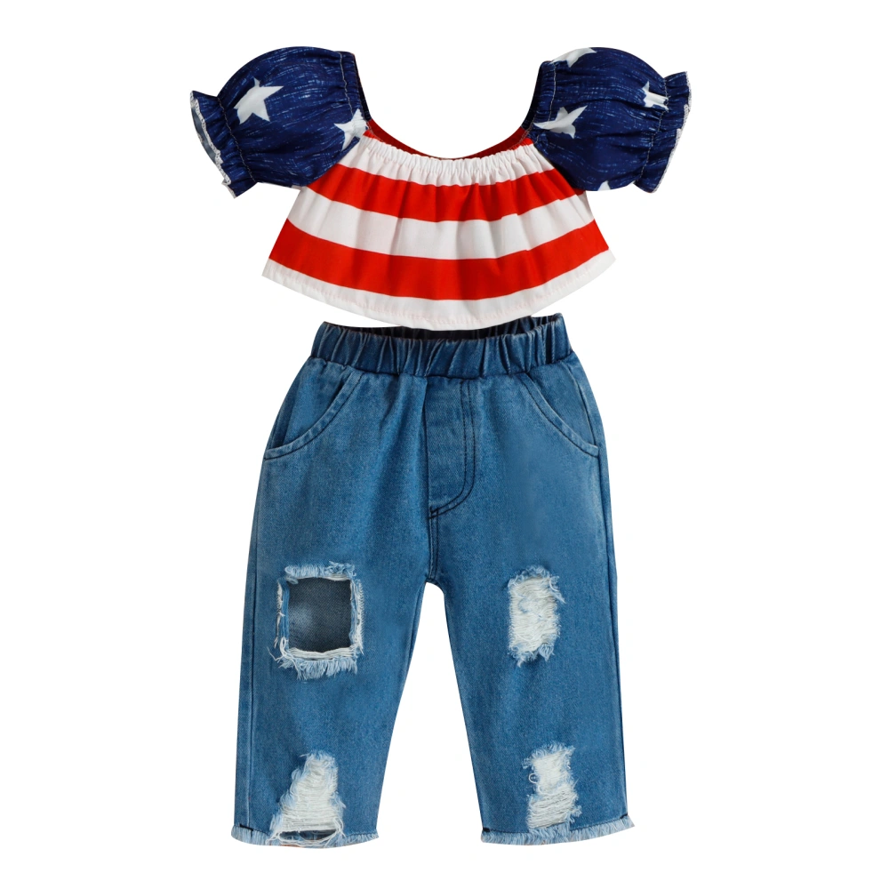 Girls Summer Short Sleeve Stars Striped Tops + Ripped Denim Pants