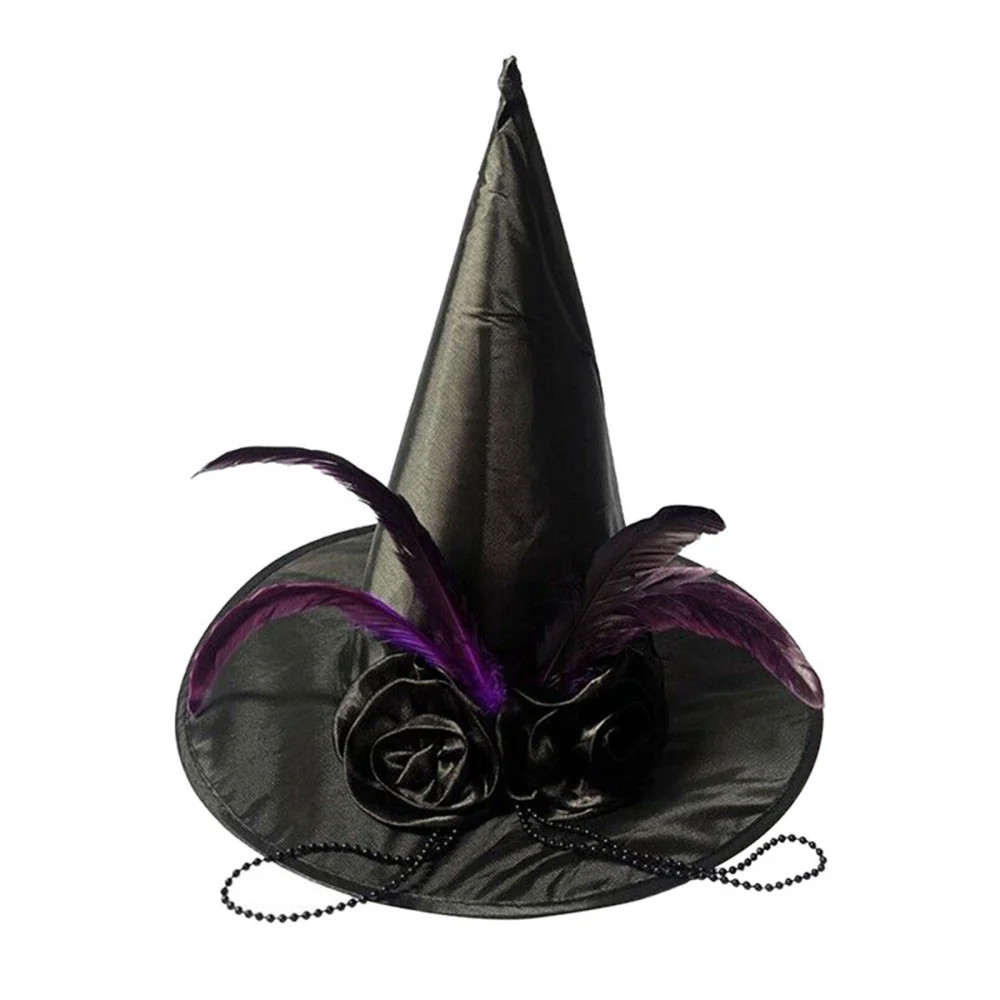 Halloween Witch Hats Women Purple Feather Bead Chain Pointed Cap