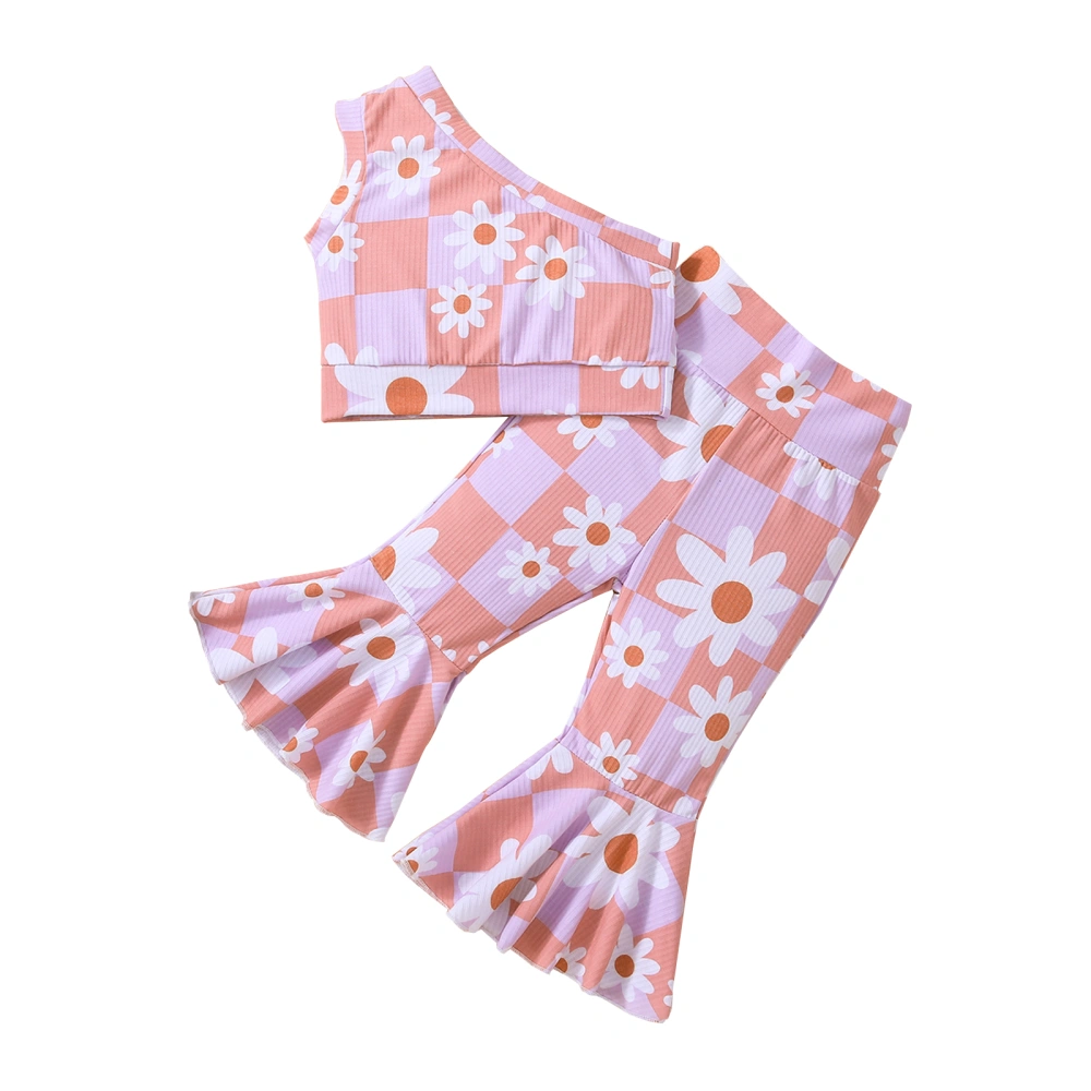 Kids Girls Summer Outfits Floral One Shoulder Tops and Flared Pants