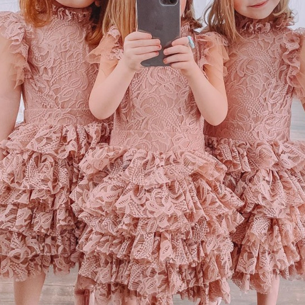 Kids Girl Ruffle Dresses Sleeveless Round Neck Layered Lace Dress