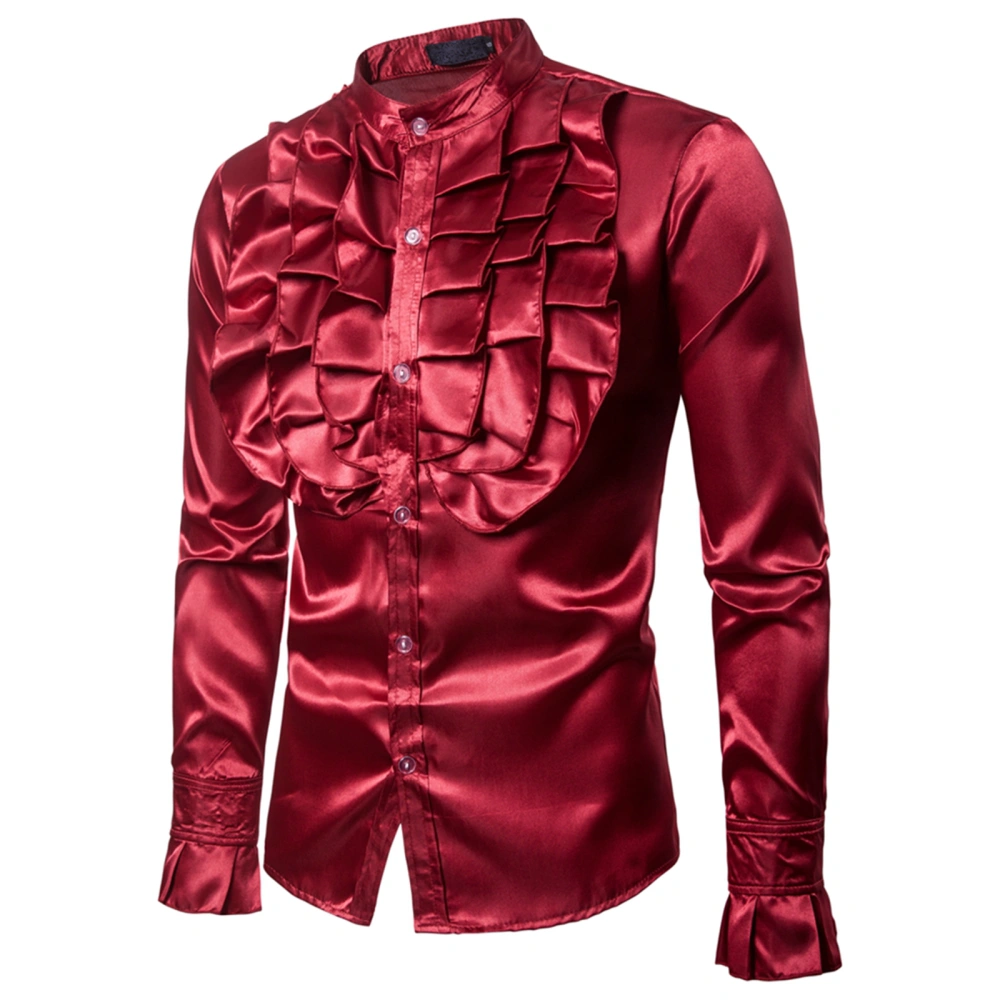 Men Satin Ruffle Shirts, Long Sleeve Stand Collar Slim Fit Dress Shirt