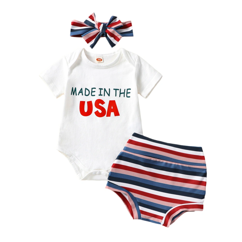 Baby Girls 4th of July Outfits, Romper+Striped Shorts+Headband Set