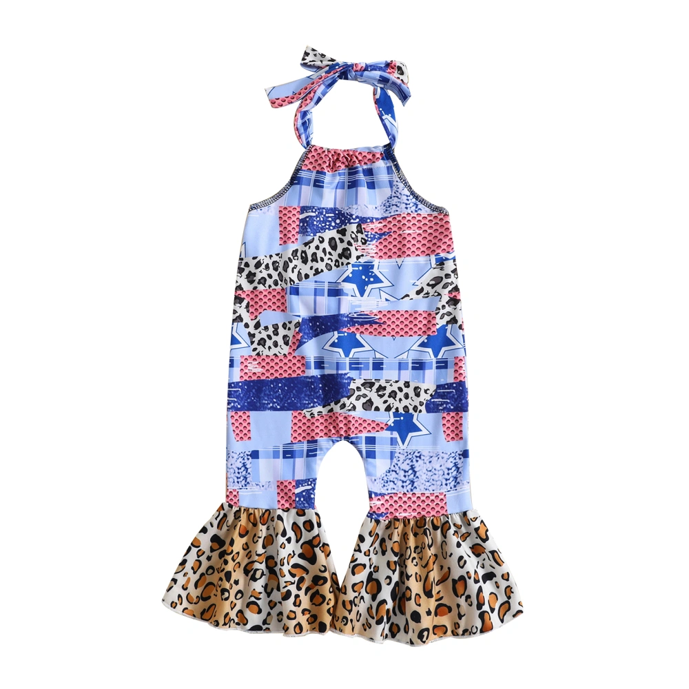 Girl Sleeveless Halter Hanging Neck Leopard Star Print Suspender Pants